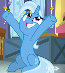 Size: 606x678 | Tagged: safe, screencap, trixie, pony, unicorn, a horse shoe-in, g4, arms in the air, belly, big smile, crate, cropped, cute, diatrixes, discovery family logo, female, mare, smiling, solo