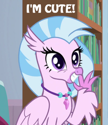 Size: 676x780 | Tagged: safe, edit, edited screencap, screencap, silverstream, classical hippogriff, hippogriff, a horse shoe-in, g4, captain obvious, cropped, cute, diastreamies, female, grin, i'm cute, jewelry, necklace, smiling, solo, waving