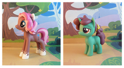 Size: 1494x826 | Tagged: safe, artist:krowzivitch, oc, oc only, oc:cinnamon, oc:ginger, earth pony, pony, unicorn, craft, diorama, female, figurine, filly, mare, sculpture, solo, standing, toy, traditional art