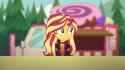 Size: 960x540 | Tagged: safe, screencap, sunset shimmer, equestria girls, g4, my little pony equestria girls: choose your own ending, wake up!, wake up!: pinkie pie, animated, animated screencap, awning, background human, bread, cinnamon bun, clothes, croissant, female, food, food stand, food truck, forest, frosting, gif, imminent diabetes, jacket, jelly beans, junk food, pastry, pecan, pine tree, starswirl music festival, surprised, this will end in diabetes, this will end in tummy aches, this will not end well, tray, tree, unnamed character, unnamed human, waffle