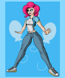 Size: 2238x2675 | Tagged: safe, artist:fearvirus, pinkie pie, human, g4, clothes, converse, female, high res, humanized, jeans, midriff, open mouth, pants, shirt, shoes, smiling, sneakers, vest
