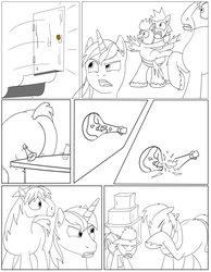 Size: 1895x2445 | Tagged: safe, artist:cactuscowboydan, big macintosh, flash sentry, shining armor, trouble shoes, clydesdale, earth pony, pegasus, pony, unicorn, comic:the fusion flashback, g4, basement, broken, butt, comic, commissioner:bigonionbean, coughing, dialogue, door, fusion, gagging, hat, laboratory, large butt, magic, meme, plot, potion, shattered, shocked, sketch, spill, surprised, thick, underground, writer:bigonionbean