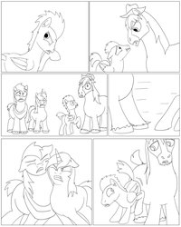 Size: 2043x2554 | Tagged: safe, artist:cactuscowboydan, big macintosh, flash sentry, shining armor, trouble shoes, clydesdale, earth pony, pegasus, pony, unicorn, comic:the fusion flashback, g4, basement, broken, butt, comic, commissioner:bigonionbean, coughing, dialogue, door, forced, fusion, gagging, hat, high res, laboratory, magic, meme, plot, potion, shattered, shocked, sketch, surprised, underground, writer:bigonionbean