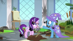 Size: 1920x1080 | Tagged: safe, screencap, starlight glimmer, trixie, pony, unicorn, a horse shoe-in, g4, angry, cape, clothes, female, hat, mare, mud, singed, trixie's cape, trixie's hat