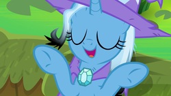 Size: 1920x1080 | Tagged: safe, screencap, trixie, pony, unicorn, a horse shoe-in, g4, cape, clothes, eyes closed, female, hat, mare, singed, solo, trixie's cape, trixie's hat