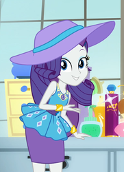 Size: 777x1075 | Tagged: safe, screencap, rarity, camping must-haves, equestria girls, g4, my little pony equestria girls: better together, beautiful, bracelet, clothes, cosmetics, cropped, dresser, female, geode of shielding, hat, jewelry, looking at you, lotion, magical geodes, pencil skirt, rarity peplum dress, rarity's bedroom, skirt, smiling, window