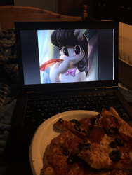 Size: 3024x4032 | Tagged: safe, artist:light262, octavia melody, g4, computer, female, food, laptop computer, meat, pepperoni, pepperoni pizza, pizza, plate, thinkpad, waifu dinner