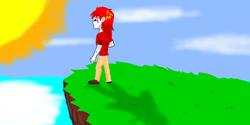 Size: 1366x685 | Tagged: safe, artist:israelyabuki, derpibooru exclusive, oc, oc only, oc:eternal flames, equestria girls, g4, birthmark, cliff, clothes, cloud, cloudy, crepuscular rays, horizon, long hair, male, muscles, ocean, red hair, red shirt, scar, shaded color, shadow, shoes, sky, solo, sun