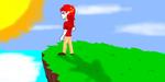 Size: 1366x685 | Tagged: safe, artist:israelyabuki, derpibooru exclusive, oc, oc only, oc:eternal flames, equestria girls, birthmark, cliff, clothes, cloud, cloudy, horizon, long hair, male, muscles, ocean, red hair, red shirt, scar, shaded color, shadow, shoes, sky, solo, sun, sun ray