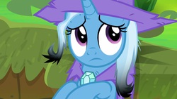 Size: 1920x1080 | Tagged: safe, screencap, trixie, pony, unicorn, a horse shoe-in, g4, cape, clothes, female, hat, mare, singed, solo, trixie's cape, trixie's hat