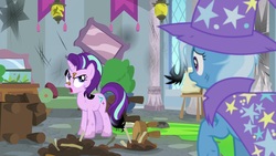 Size: 1920x1080 | Tagged: safe, screencap, starlight glimmer, trixie, pony, unicorn, a horse shoe-in, g4, angry, cape, clothes, female, hat, mare, mud, singed, trixie's cape, trixie's hat