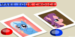 Size: 1914x963 | Tagged: safe, edit, edited screencap, screencap, spoiled rich, trixie, earth pony, pony, unicorn, a horse shoe-in, g4, my little pony: friendship is magic, blue pill, choice, cute, diatrixes, pills, red pill, tablet