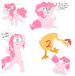 Size: 1310x1330 | Tagged: safe, artist:kirbyrainboom, part of a set, boneless 2, pinkie pie, earth pony, pony, g4, the last laugh, dialogue, happy, ms paint, open mouth, rubber chicken, signature, simple background, sitting, text, wet mane
