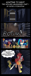 Size: 960x2300 | Tagged: safe, artist:shujiwakahisaa, dj pon-3, vinyl scratch, oc, oc:gale wing, earth pony, pegasus, pony, undead, unicorn, vampire, vampony, comic:adapting to night, comic:adapting to night: the wolves unleashed, g4, armor, armored pony, awesome, badass, blade, blades, captain, castle, claws, comic, dawn knight, door, explosion, facial hair, female, gate, glowing, glowing eyes, glowing horn, goatee, hoof shoes, horn, leader, magic, magic aura, male, mare, metal claws, red eyes, rescue, scar, stallion, storming the castle, sword, telekinesis, weapon