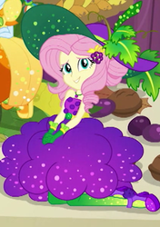 Size: 416x591 | Tagged: safe, screencap, fluttershy, rainbow dash, equestria girls, equestria girls series, g4, my little pony equestria girls: holidays unwrapped, o come all ye squashful, spoiler:eqg series (season 2), bare shoulders, beautiful, clothes, cornucopia costumes, costume, cropped, cute, female, looking at you, meta, offscreen character, shyabetes, sleeveless, smiling