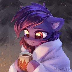 Size: 2912x2948 | Tagged: safe, artist:inowiseei, oc, oc only, oc:pestyskillengton, pegasus, pony, commission, cozy, cup, cute, drink, ear fluff, female, heterochromia, high res, hoof hold, hot chocolate, mare, ocbetes, smiling, snow, solo, tree