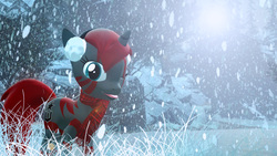 Size: 6800x3840 | Tagged: safe, oc, oc only, oc:blushyblack, hybrid, pony, unicorn, zony, 3d, clothes, earmuffs, forest, gmod, grass, lens flare, looking at you, photoshop, scarf, snow, snowfall, solo, tongue out, winter