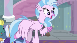 Size: 1280x720 | Tagged: safe, screencap, silverstream, classical hippogriff, hippogriff, g4, school daze, claws, female, flapping, flying, jewelry, necklace, open mouth, pearl necklace, school of friendship, smiling, solo focus, talons, teenager, transition
