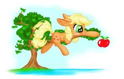 Size: 1116x716 | Tagged: safe, artist:rurihal, applejack, earth pony, pony, g4, apple, apple tree, bandaid, female, floppy ears, solo, tongue out, tree, young