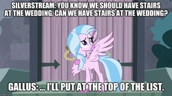 Size: 888x499 | Tagged: safe, edit, edited screencap, screencap, silverstream, classical hippogriff, hippogriff, g4, school daze, bad pun, caption, female, image macro, implied gallus, male, marriage, planning, pun, ship:gallstream, shipping, solo, straight, text, wedding