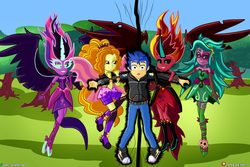 Size: 6000x4000 | Tagged: safe, artist:dieart77, adagio dazzle, flash sentry, gaea everfree, gloriosa daisy, sci-twi, sunset shimmer, twilight sparkle, demon, monster girl, equestria girls, equestria girls series, friendship games, legend of everfree, rainbow rocks, sunset's backstage pass!, spoiler:eqg series (season 2), bedroom eyes, boots, clothes, commission, converse, dark aura, dark magic, daytime, demonic eyes, disguise, disguised siren, energy, equestria's monster girls, evil grin, eye, eyes, eyes on the prize, female, fin wings, flash sentry gets all the waifus, flashagio, flashimmer, flashlight, floating, flower, flying, forest, grabbing, grass, grin, group, harem, holding, hoodie, jacket, lidded eyes, lucky bastard, magic, male, midnight sparkle, midnight-ified, pants, pulling, rivalry, sciflash, sciflashshimmer, sentryosa, shadow, shipping, shocked expression, shoes, sky, smiling, smirk, sneakers, straight, sunset satan, surprised, surrounded, this will end in snu snu, touch, touching arm, transformation, tree, uh oh, wide eyes, wings, xk-class end-of-the-world scenario