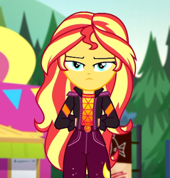 Size: 783x818 | Tagged: safe, screencap, sunset shimmer, equestria girls, equestria girls specials, g4, my little pony equestria girls: better together, my little pony equestria girls: sunset's backstage pass, annoyed, clothes, cropped, female, food truck, geode of empathy, jacket, looking at you, magical geodes, outdoors, sunset shimmer is not amused, unamused