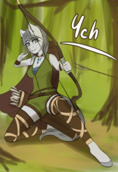 Size: 960x1392 | Tagged: safe, artist:mintjuice, anthro, action pose, advertisement, archer, archery, arrow, clothes, commission, forest, shooting, sitting, tree, weapon, your character here