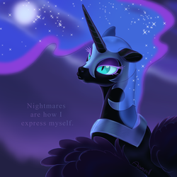 Size: 1280x1280 | Tagged: safe, artist:arareroll, nightmare moon, alicorn, pony, g4, beautiful, bust, ethereal mane, female, full moon, helmet, mare, moon, night, ruffled feathers, sky, slit pupils, solo, starry mane, text, wing fluff