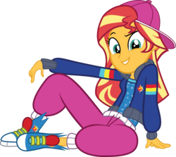 Size: 2318x2067 | Tagged: safe, artist:wissle, sunset shimmer, equestria girls, g4, get the show on the road, my little pony equestria girls: summertime shorts, backwards ballcap, baseball cap, cap, clothes, clothes swap, converse, cutie mark on clothes, female, grin, hat, high res, leaning back, looking at you, reclining, shoes, simple background, sitting, smiling, sneakers, solo, sunset shimmer day, transparent background