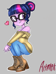 Size: 768x1024 | Tagged: safe, artist:artmlpk, sci-twi, twilight sparkle, equestria girls, g4, alternate hairstyle, bare shoulders, blushing, boots, clothes, cute, denim, design, fashion, female, hair bun, jeans, pants, shoes, simple background, sitting, solo, squatting, sweater, trendy style, turtleneck, twiabetes