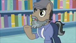 Size: 854x480 | Tagged: safe, edit, edited screencap, screencap, doctor caballeron, earth pony, pony, daring doubt, g4, animated, beauty (goodtimes), beauty and the beast, beauty and the beast (goodtimes), disguise, fake beard, flat cap, groom q.q. martingale, hat, male, phelous, sound, stallion, webm