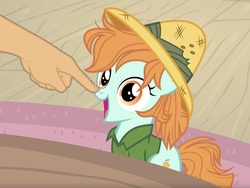 Size: 1249x937 | Tagged: safe, edit, edited screencap, screencap, peach fuzz, earth pony, pony, daring doubt, g4, boop, boop edit, cropped, disembodied hand, finger, food, hand, offscreen character, peach, solo focus