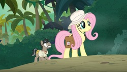 Size: 1676x944 | Tagged: safe, screencap, doctor caballeron, fluttershy, earth pony, pegasus, pony, daring doubt, g4, cute, duo, female, hat, jungle, male, mare, saddle bag, shyabetes, stallion