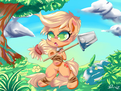 Size: 2000x1500 | Tagged: safe, artist:velcius, applejack, rockhoof, earth pony, pony, g4, belly button, bipedal, clothes, colored pupils, cosplay, costume, open mouth, shovel, solo