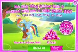 Size: 1038x688 | Tagged: safe, gameloft, rainbow dash, pegasus, pony, g4, advertisement, costs real money, gem, introduction card, sale
