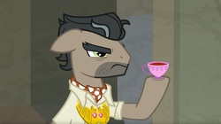 Size: 1677x942 | Tagged: safe, edit, edited screencap, screencap, doctor caballeron, earth pony, pony, daring doubt, g4, caballeron's item, cup, floppy ears, food, frown, male, solo, stallion, tea, teacup, truth talisman, unamused