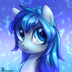 Size: 2000x2000 | Tagged: safe, artist:jedayskayvoker, oc, oc only, oc:hooklined, pony, abstract background, blue hair, blue mane, bust, high res, patreon, patreon reward, smiling, solo, wide eyes
