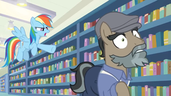 Size: 1600x900 | Tagged: safe, screencap, doctor caballeron, rainbow dash, earth pony, pegasus, pony, daring doubt, g4, season 9, bookshelf, bookstore, caught, ceiling light, clothes, disguise, fake beard, female, flat cap, groom q.q. martingale, hat, jacket, library, male, mare, newsboy hat, pants, pointing, shelf, stallion