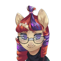 Size: 5000x5000 | Tagged: safe, artist:shininglovelystar, moondancer, pony, unicorn, g4, absurd resolution, bust, clothes, cute, dancerbetes, female, glasses, mare, no pupils, portrait, simple background, solo, sparkles, sweater, white background