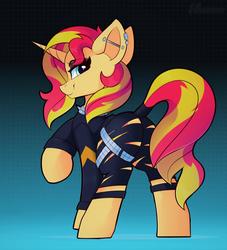Size: 2000x2200 | Tagged: safe, artist:shadowreindeer, sunset shimmer, pony, unicorn, g4, bad, butt, clothes, collar, ear piercing, female, gradient background, high res, industrial piercing, lidded eyes, looking back, mare, piercing, plot, smiling, smirk, solo, spiked collar, style emulation, tail wrap, torn clothes