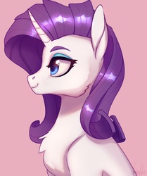 Size: 1500x1792 | Tagged: safe, artist:dumddeer, rarity, pony, unicorn, g4, bust, cheek fluff, chest fluff, cute, female, mare, pink background, portrait, profile, raribetes, simple background, smiling, solo