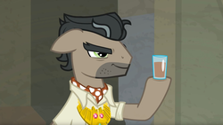 Size: 1920x1080 | Tagged: safe, edit, edited screencap, screencap, doctor caballeron, earth pony, pony, daring doubt, g4, caballeron's item, chocolate, chocolate milk, everything is ruined, floppy ears, food, glass, male, meme, milk, pure unfiltered evil, smiling, solo, stallion, this will end in spilled milk