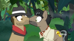 Size: 1920x1080 | Tagged: safe, screencap, biff, doctor caballeron, earth pony, pony, daring doubt, g4, accidental boop, boop, duo, duo male, henchmen, jungle, male, noseboop, out of context, stallion