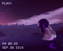 Size: 2474x2001 | Tagged: safe, artist:duop-qoub, twilight sparkle, alicorn, pony, descended twilight, g4, facing away, female, floppy ears, folded wings, high res, immortality blues, mare, night, sad, scan lines, sitting, solo, timestamp, twilight sparkle (alicorn), vhs, wings