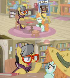 Size: 1600x1780 | Tagged: safe, screencap, a.k. yearling, peach fuzz, pony, daring doubt, g4, book, bookshelf, cape, carpet, chair, clothes, foal, glasses, hat, library, pen, pith helmet, rug, shelf, shirt, sign, stool