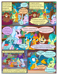 Size: 612x792 | Tagged: safe, artist:newbiespud, edit, edited screencap, screencap, gallus, ocellus, sandbar, silverstream, smolder, yona, changedling, changeling, classical hippogriff, dragon, earth pony, griffon, hippogriff, pony, yak, comic:friendship is dragons, g4, angry, annoyed, beanbag chair, book, bookshelf, bored, comic, dialogue, dragoness, female, flying, frown, grin, laughing, looking back, male, raised hoof, reading, screencap comic, smiling, student six