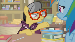 Size: 1600x900 | Tagged: safe, screencap, a.k. yearling, rainbow dash, pegasus, pony, daring doubt, g4, book, cape, clothes, cup, female, glasses, library, mare, pen, pillow, stool, table