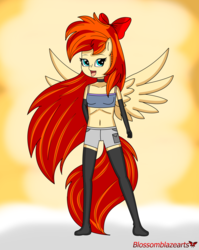 Size: 3546x4458 | Tagged: safe, artist:blossomblaze, oc, oc:blossomblaze, pegasus, anthro, belly button, blue eyes, clothes, gloves, latex, latex gloves, latex socks, long hair, long tail, socks, wings