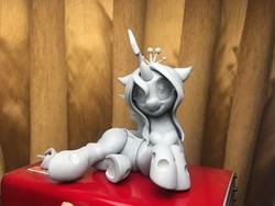 Size: 4032x3024 | Tagged: safe, artist:hitbass, artist:shuxer59, artist:v747, queen chrysalis, changeling, changeling queen, g4, changelings in the comments, collaboration, cute, cutealis, female, figurine, frog (hoof), heart, irl, looking at you, on side, open mouth, photo, smiling, solo, underhoof, wip