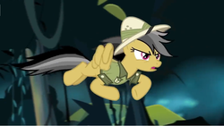 Size: 1600x902 | Tagged: safe, screencap, daring do, pony, daring doubt, g4, clothes, female, flying, hat, mare, pith helmet, shirt, solo